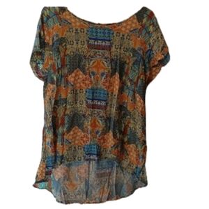 Jones & Co Women’s 1X Boho Patchwork Print Blouse Top Hi Low‎ Hem